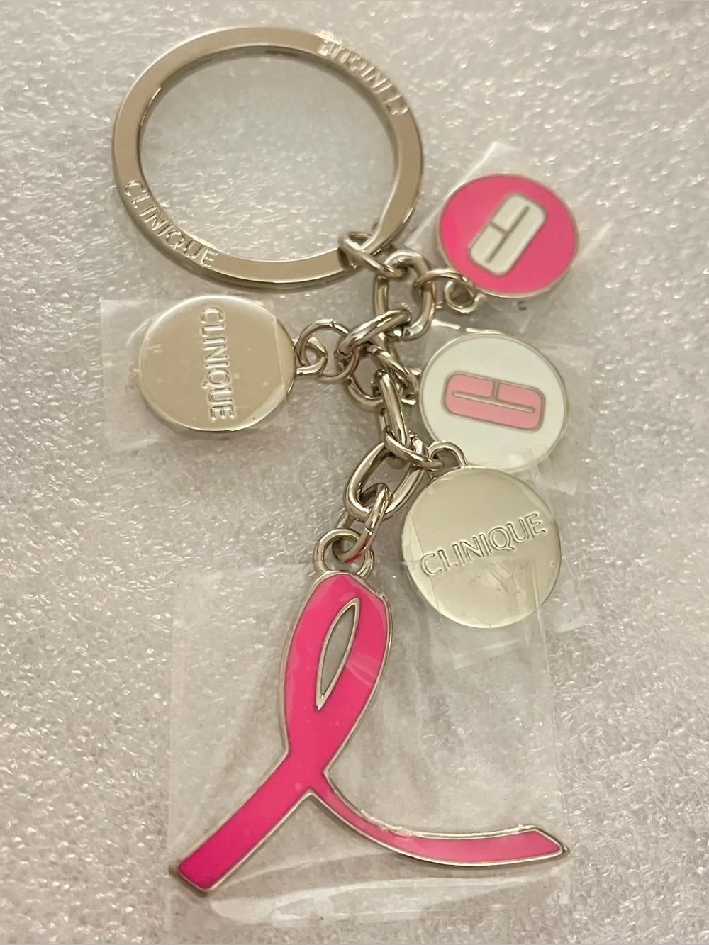 Clinique Key Chain Ring Breast Cancer Awareness Charms Pink Ribbon Silver Tone